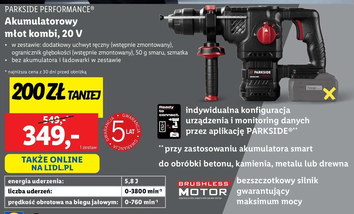 Młot akumulatorowy kombi 360 20 v Parkside promocja w Lidl