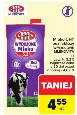 Mleko UHT bez laktozy WYDOJONE MLEKOVITA 3,2% promocja w Carrefour