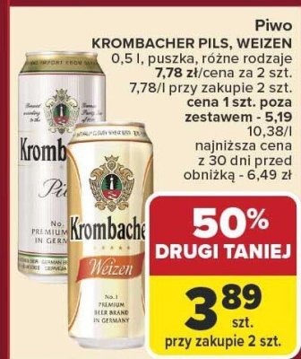 Piwo KROMBACHER PILS, WEIZEN 0,5 l puszka, różne rodzaje promocja w Carrefour