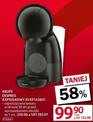 Ekspres kapsułkowy KRUPS EXPRESSO KAPSUŁKOWY XS KP1A3B31 promocja w Selgros