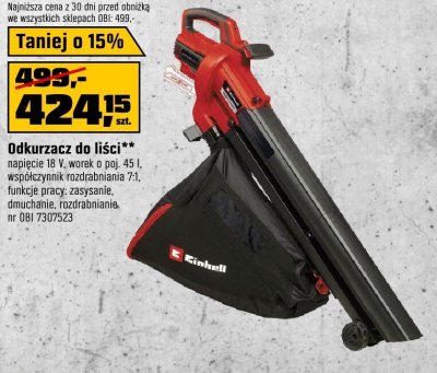 Odkurzacz do liści Einhell napięcie 18 V, worek o poj. 45 l, współczynnik rozdrabniania 7:1, funkcje pracy: zasysanie, dmuchanie, rozdrabnianie promocja w OBI