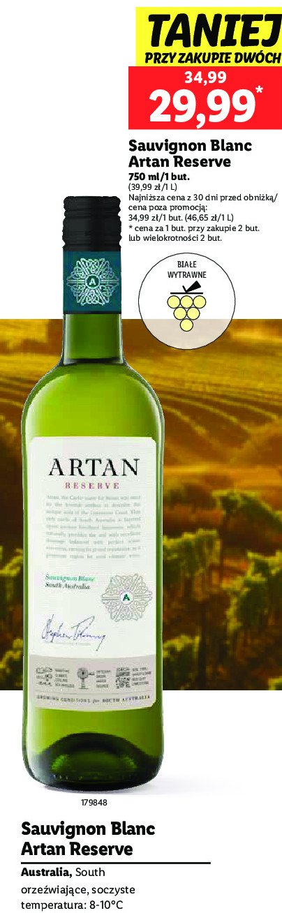 Wino wytrawne sauvignon blanc reserve ARTAN promocja w Lidl