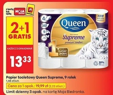 Papier toaletowy Queen Supreme 9 rolek 2+1 gratis promocja w Biedronka