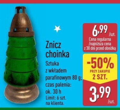 Znicz choinka z wkładem parafinowym 80 g promocja w Aldi