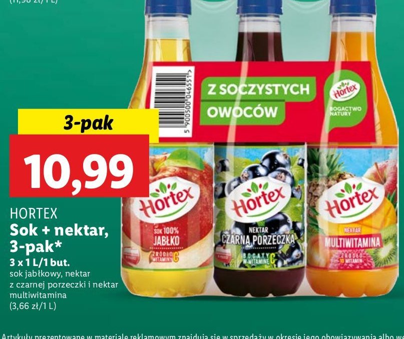 Zestaw: sok 100% pomarańcza + sok 100% jabłko + nektar czarna porzeczka Hortex promocja