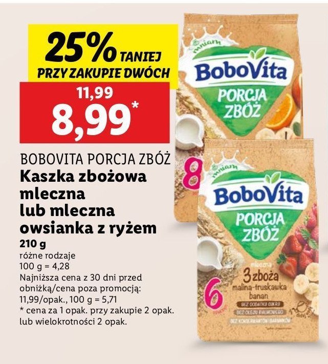 Kaszka mleczna 7 zbóż z płatkami kukurydzianymi banan-pomarańcz Bobovita porcja zbóż promocja
