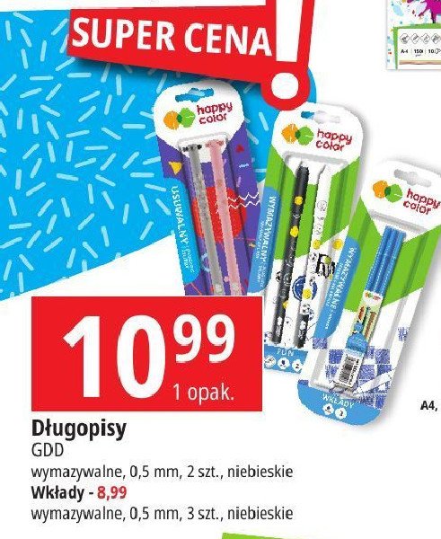 Wkłady do długopisu usuwalnego niebieskie HAPPY COLOR promocja