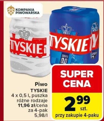 Piwo TYSKIE 4 x 0,5 l różne rodzaje promocja w Carrefour