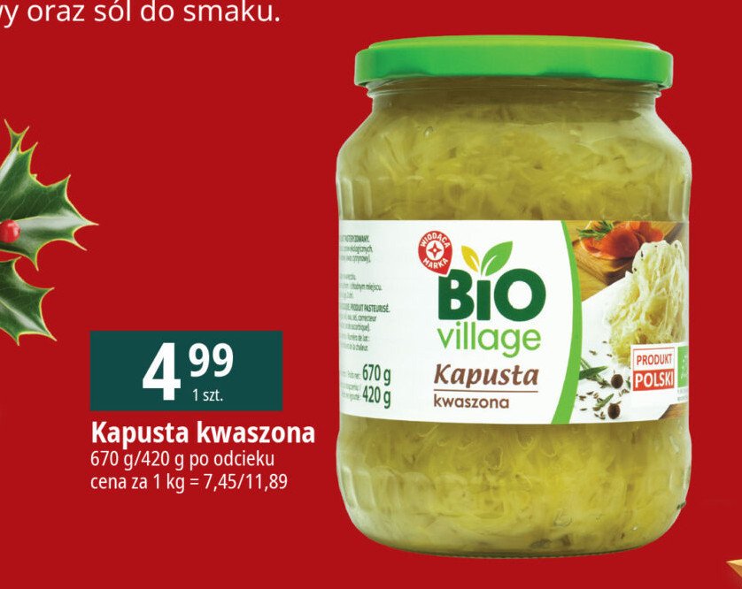 Kapusta kwaszona Wiodąca marka bio village promocja w Leclerc