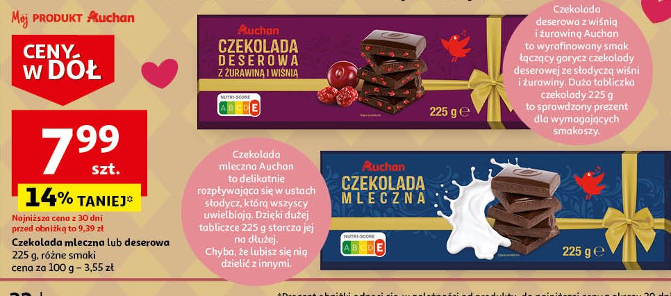 Czekolada deserowa z żurawiną i wiśnią Auchan różnorodne (logo czerwone) promocja