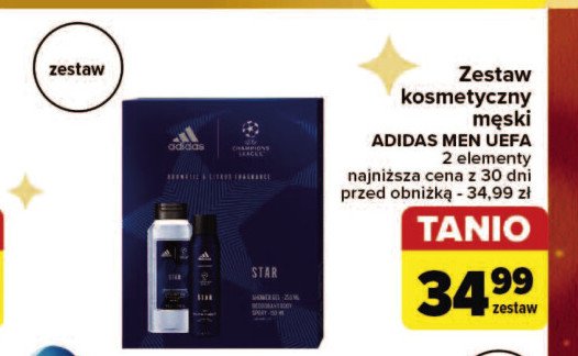 Zestaw w pudełku uefa dare edition: żel pod prysznic 250 ml + dezodorant 150 ml Adidas zestawy Adidas cosmetics promocja w Carrefour Market