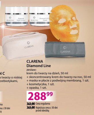 Zestaw CLARENA Diamond Line krem do twarzy na dzień 50 ml + skoncentrowany krem do twarzy na noc 50 ml + maska w płacie z podwójną membraną 1 szt. + kosmetyczka 1 szt. + opaska 1 szt. promocja w Hebe