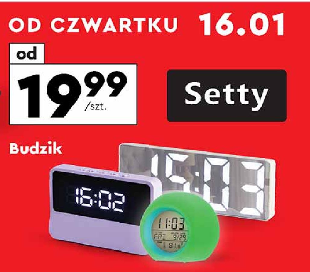 Budzik z podświetleniem Setty promocja w Biedronka