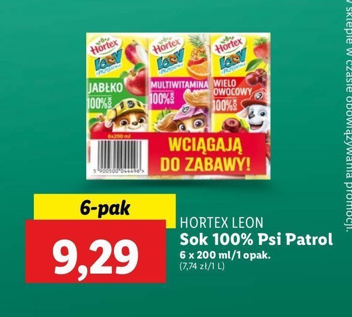 Sok jabłko + multiwitamina + wieloowocowy Hortex leon promocja w Lidl