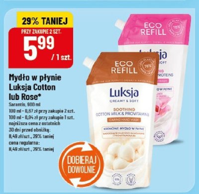 Mydło w płynie Luksja Cotton lub Rose 400ml promocja w POLOmarket