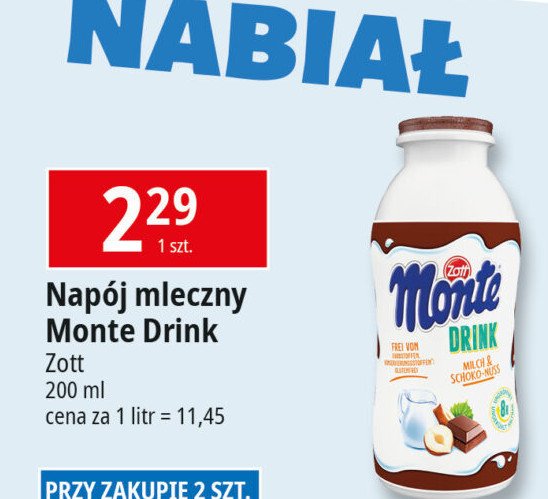 Napój mleczno-czekoladowy i orzechami laskowymi Zott monte drink promocja w Leclerc