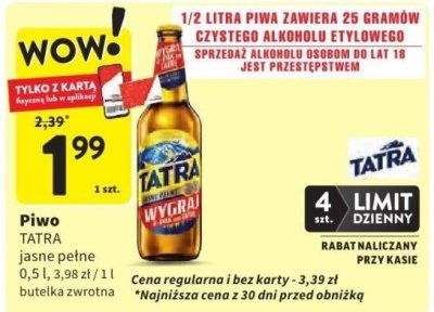 Piwo TATRA jasne pełne 0,5 l promocja w Intermarche