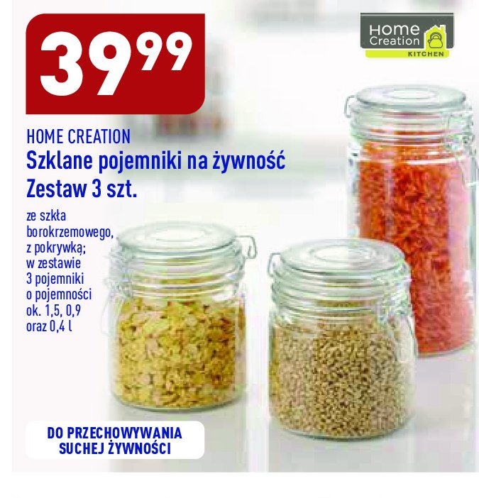 Pojemniki szklane z przykrywką 1.5 l + 0.9 l + 0.4 l Home creation promocja