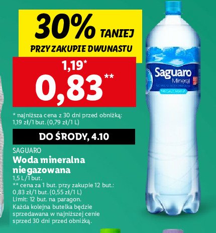 Woda niegazowana SAGUARO MINERAL promocja