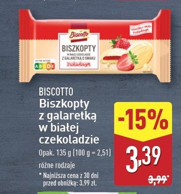 Biszkopty w białej czekoladzie z galaretką o smaku truskawkowym Biscotto promocja w Aldi