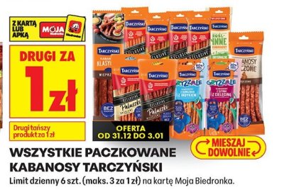 Kabanosy tarczyński paczkowane DRUGIE ZA 1 ZŁ promocja w Biedronka