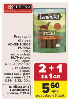 Przekąski dla psa ADVENTUROS PURINA Sticks 90-120g różne rodzaje promocja w Carrefour