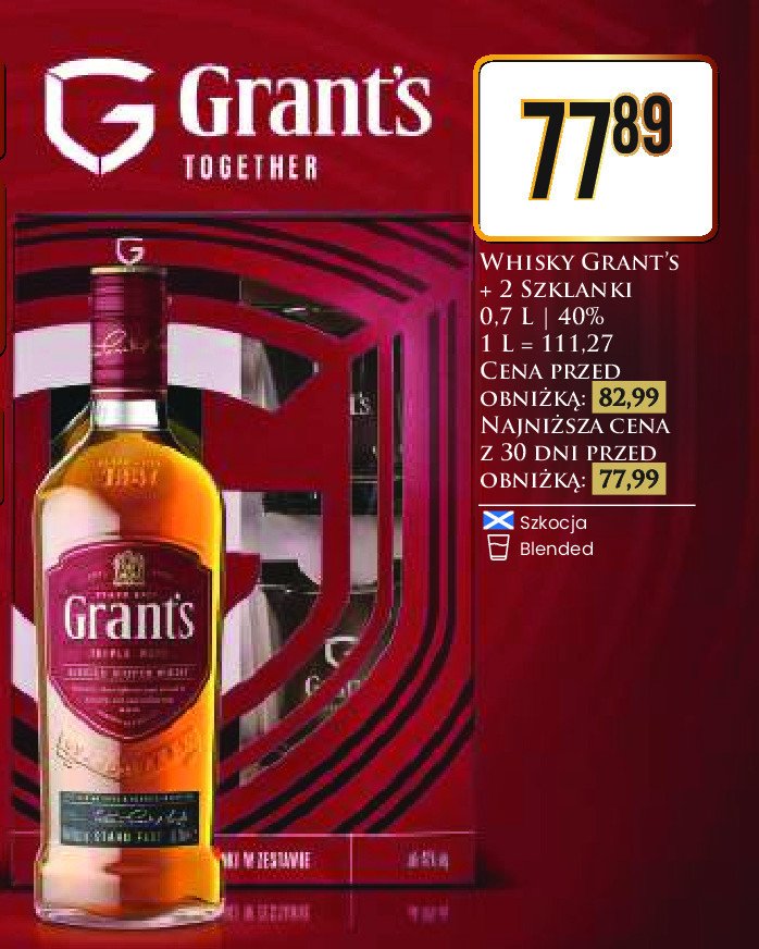 Whisky + 2 szklanki Grant's triple wood promocja