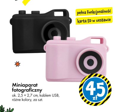 Miniaparat fotograficzny ok. 2,5 × 2,7 cm, kablem USB, różne kolory promocja w Tedi