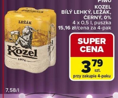 Piwo KOZEL BIAŁY LEHKÝ, LEZÁK ČERNÝ, 0% 4 x 0.5 l puszka promocja w Carrefour Express