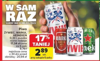 Piwo ŻYWIEC, WARKA, HEINEKEN 0,33l puszka różne rodzaje promocja w Carrefour