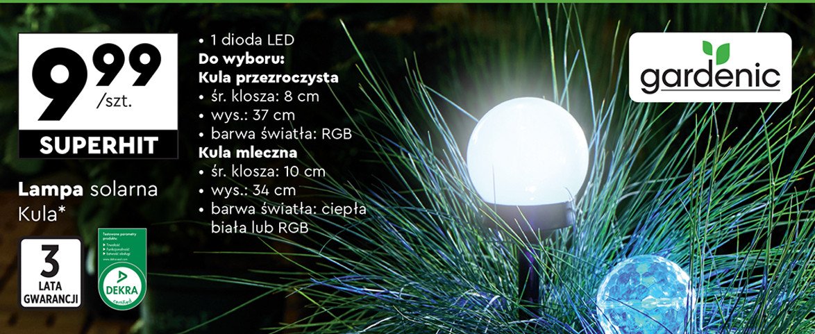 Lampa solarna rgb szklana kula 8 x 8 x 39 cm Gardenic promocja
