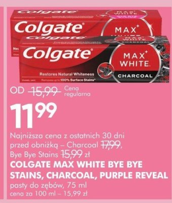 Pasta do zębów COLGATE MAX WHITE BYE BYE STAINS, CHARCOAL, PURPLE REVEAL promocja w Super-Pharm