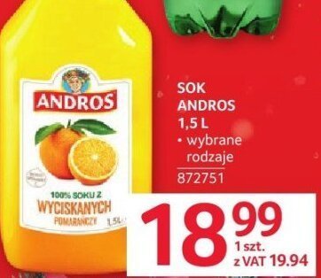 Sok Andros pomarańczowy wybrane rodzaje 1.5L promocja w Selgros