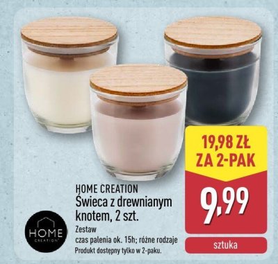 Świeca z drewnianym knotem HOME CREATION 2 szt. promocja w Aldi