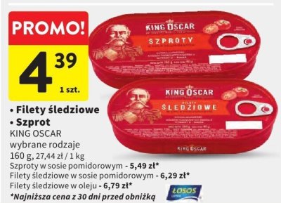 Filety śledziowe King Oscar wybrane rodzaje 160 g, 27,44 zł / 1 kg promocja w Intermarche