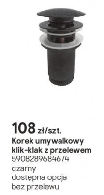 Korek umywalkowy klik-klak z przelewem czarny promocja w Castorama