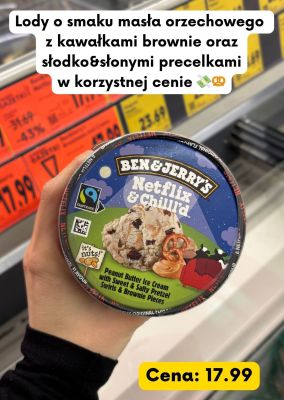 Lody o smaku masła orzechowego z kawałkami brownie oraz słodko-słonymi precelkami promocja w Kaufland