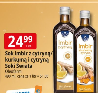 Sok imbir z cytryną/kurkumą i cytryną Soki Świata Oleofarm promocja w Leclerc