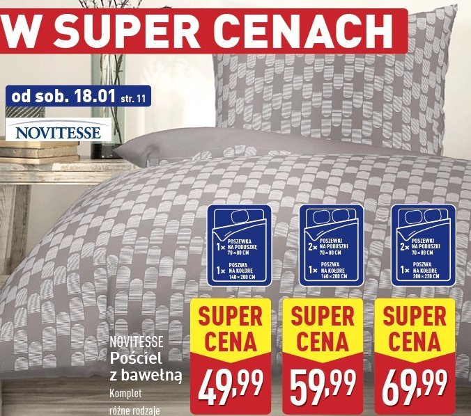 Pościel z bawełny 2 x 70 x 80 + 160 x 200 cm Novitesse promocja w Aldi