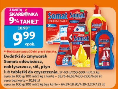 Dodatki do zmywarki Somat: odświeżacz, nabłyszczacz, sól, płyn, pasta, tabletki do czyszczenia, 17-60 g/250-500 ml/1,5 kg promocja w Auchan