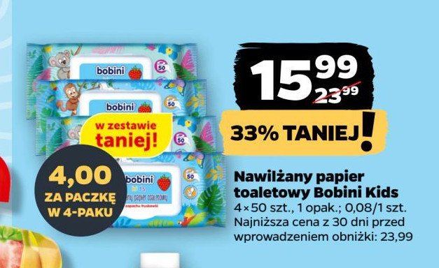 Papier toaletowy nawilżany truskawkowy Bobini kids promocja w Netto