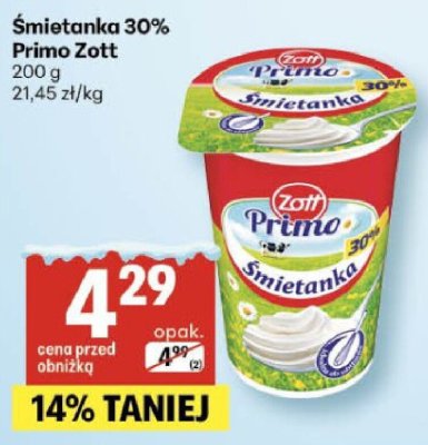 Śmietanka 30% Primo Zott promocja w Delikatesy Centrum