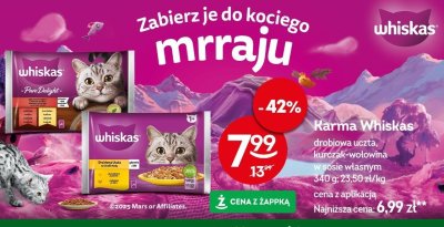Karma Whiskas drobiowa uczta, kurczak-wołowina w sosie własnym 340 g; 23,50 zł/kg promocja w Żabka