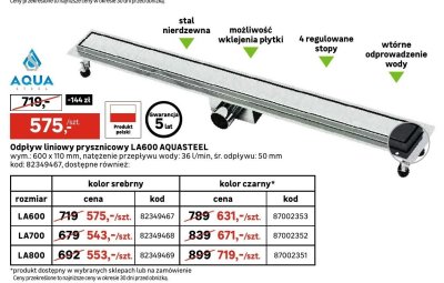 Odpływ liniowy prysznicowy LA600 AQUASTEEL rozmiar promocja w Leroy Merlin