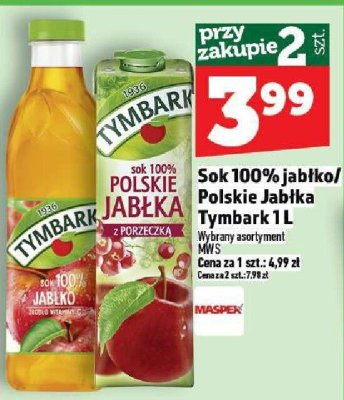 Sok 100% jabłko/Polskie Jabłka Tymbark 1 L promocja w TOPAZ