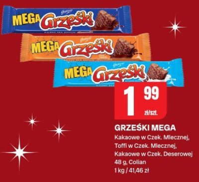 Batoniki Grześki Mega Kakaowe w Czek. Mlecznej, Toffi w Czek. Mlecznej, Kakaowe w Czek. Deserowej promocja w Chorten