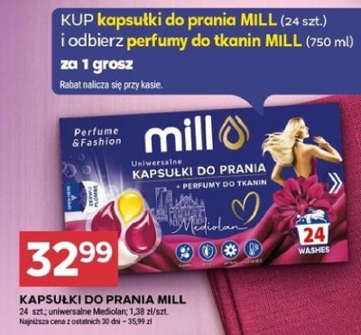 Kapsułki do prania Mill 24 szt. + perfumy do tkanin Mill 750 ml promocja w Stokrotka