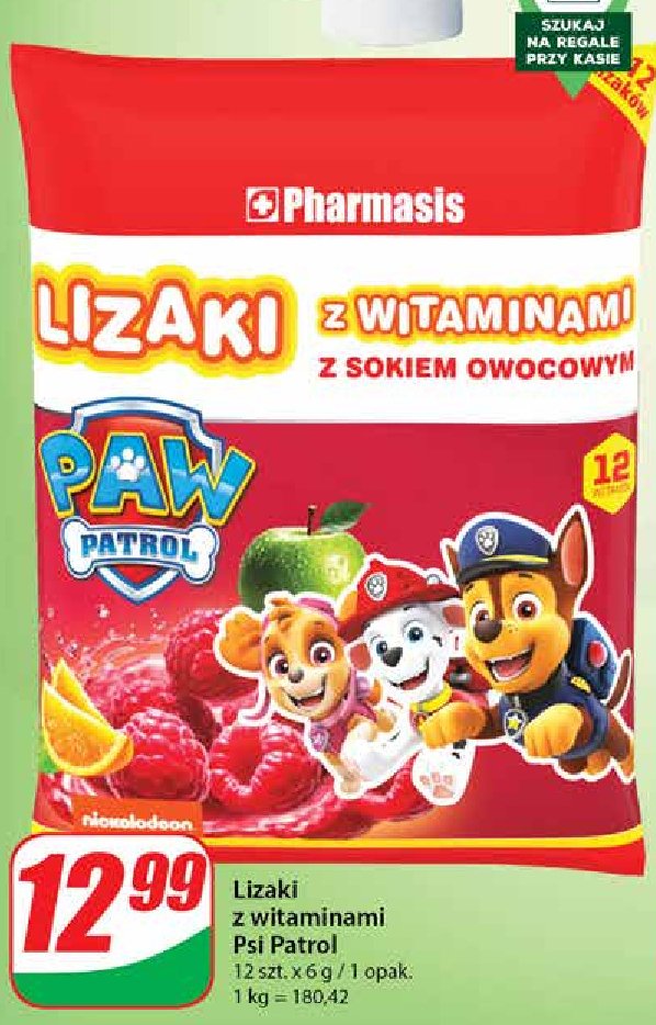 Lizak z witaminami z sokiem owocowym paw patrol Pharmasis promocja