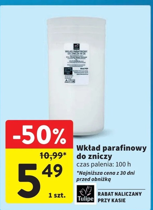 Wkład do znicza parafinowy 420 g 100h Tulipe promocja w Intermarche