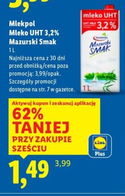 Mleko UHT 3,2% Mazurski Smak promocja w Lidl